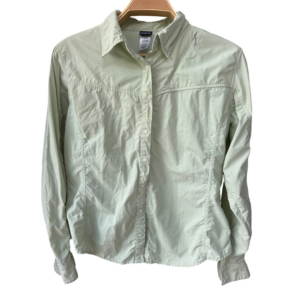 Patagonia Women’s Size 12 Sun Stretch Hiking Fishing Shirt Snap Front Green